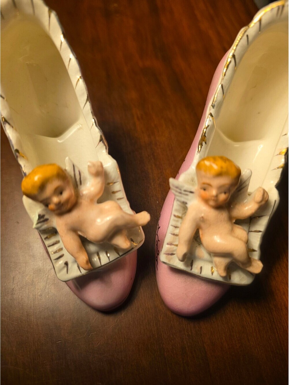 Vintage Cherub Pink Porcelain High Heel Shoe Figurines with Cherub Decorations